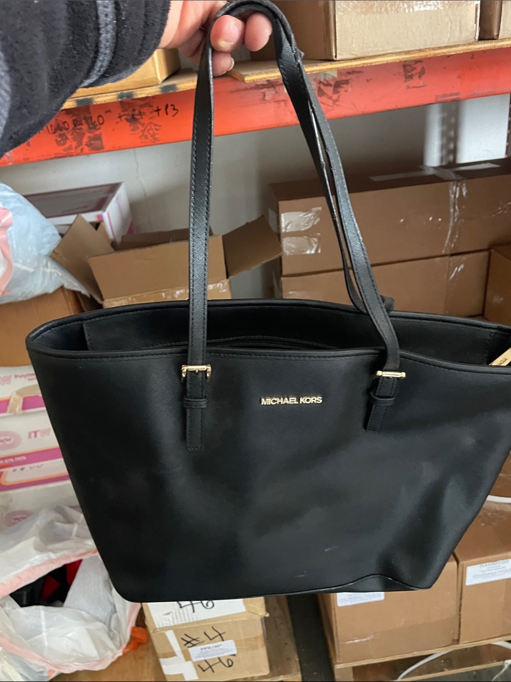 Michael Kors Black Leather Tote with Gold Logo